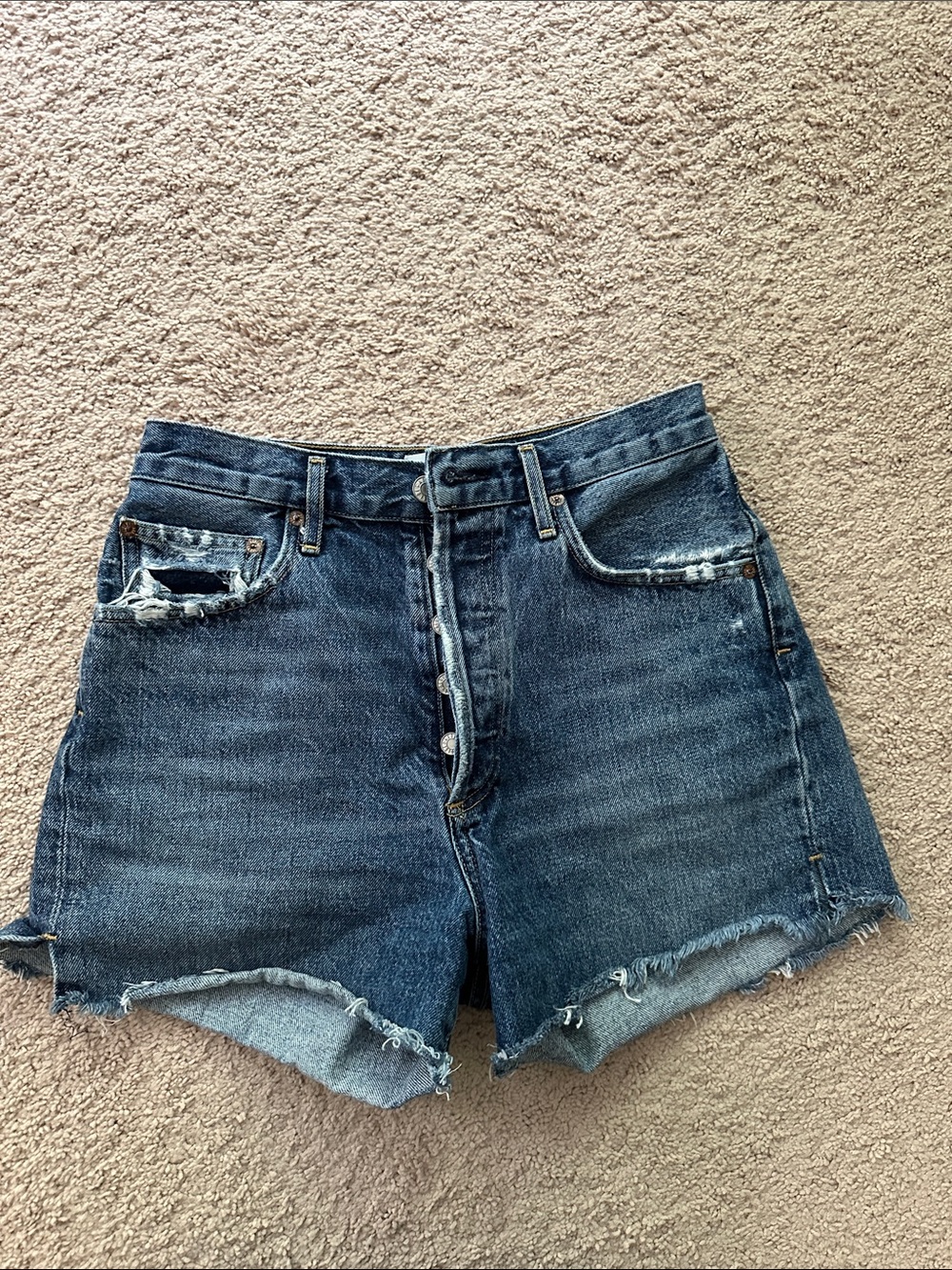 Agolde Dark Blue Distressed High-Rise Jean Shorts